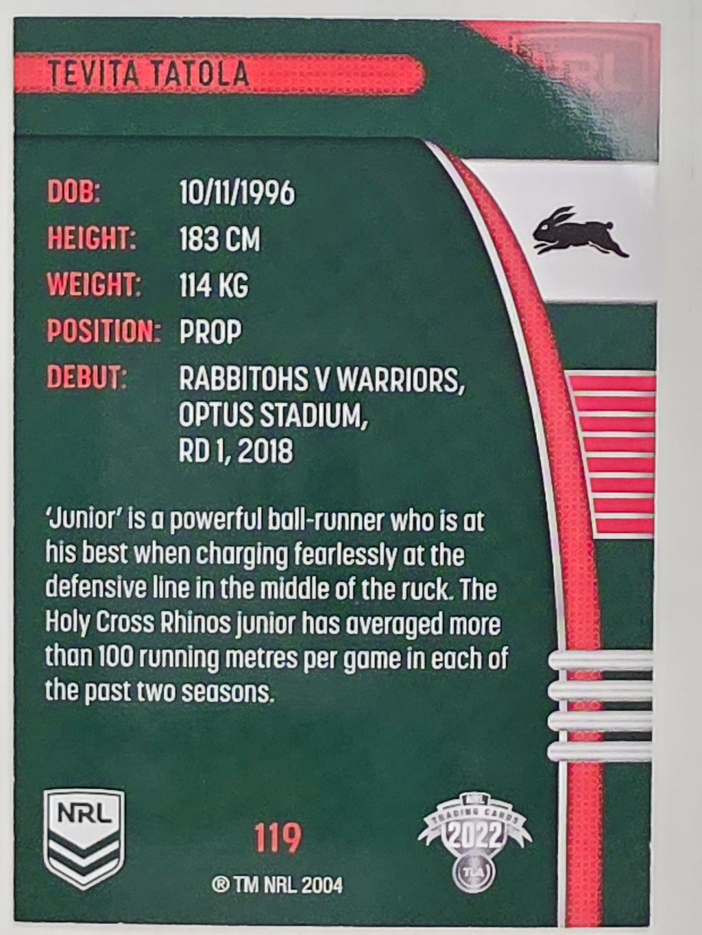 NRL 2022 Traders #119 Tevita Tatola South Sydney Rabbitohs