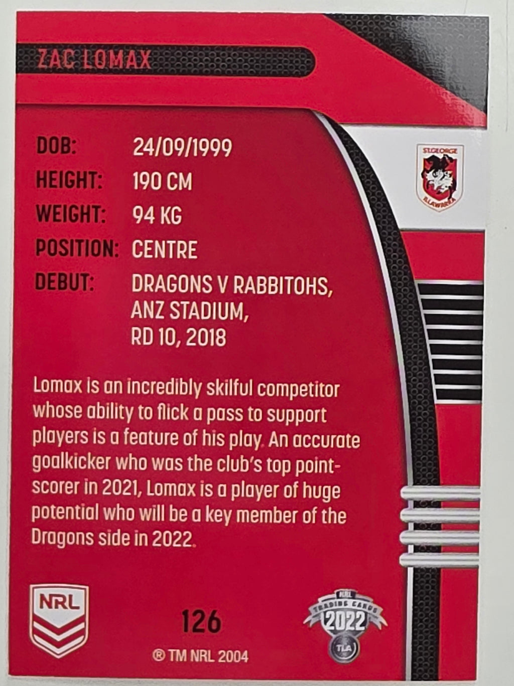 NRL 2022 Traders #126 Zac Lomax St George Illawarra Dragons