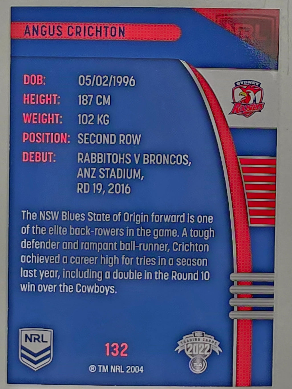 NRL 2022 Traders #132 Angus Crichton Sydney Roosters