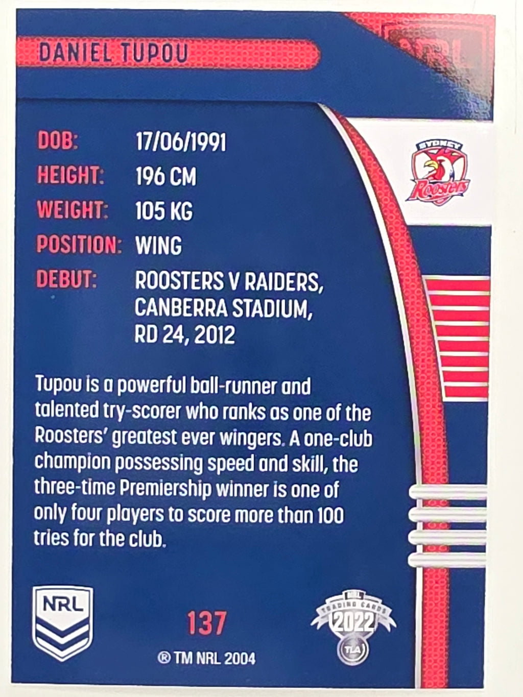 NRL 2022 Traders #137 Daniel Tupou Sydney Roosters