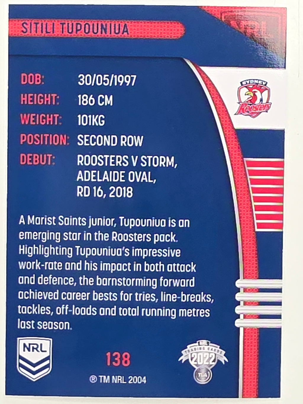 NRL 2022 Traders #138 Sitili Tupouniua Sydney Roosters