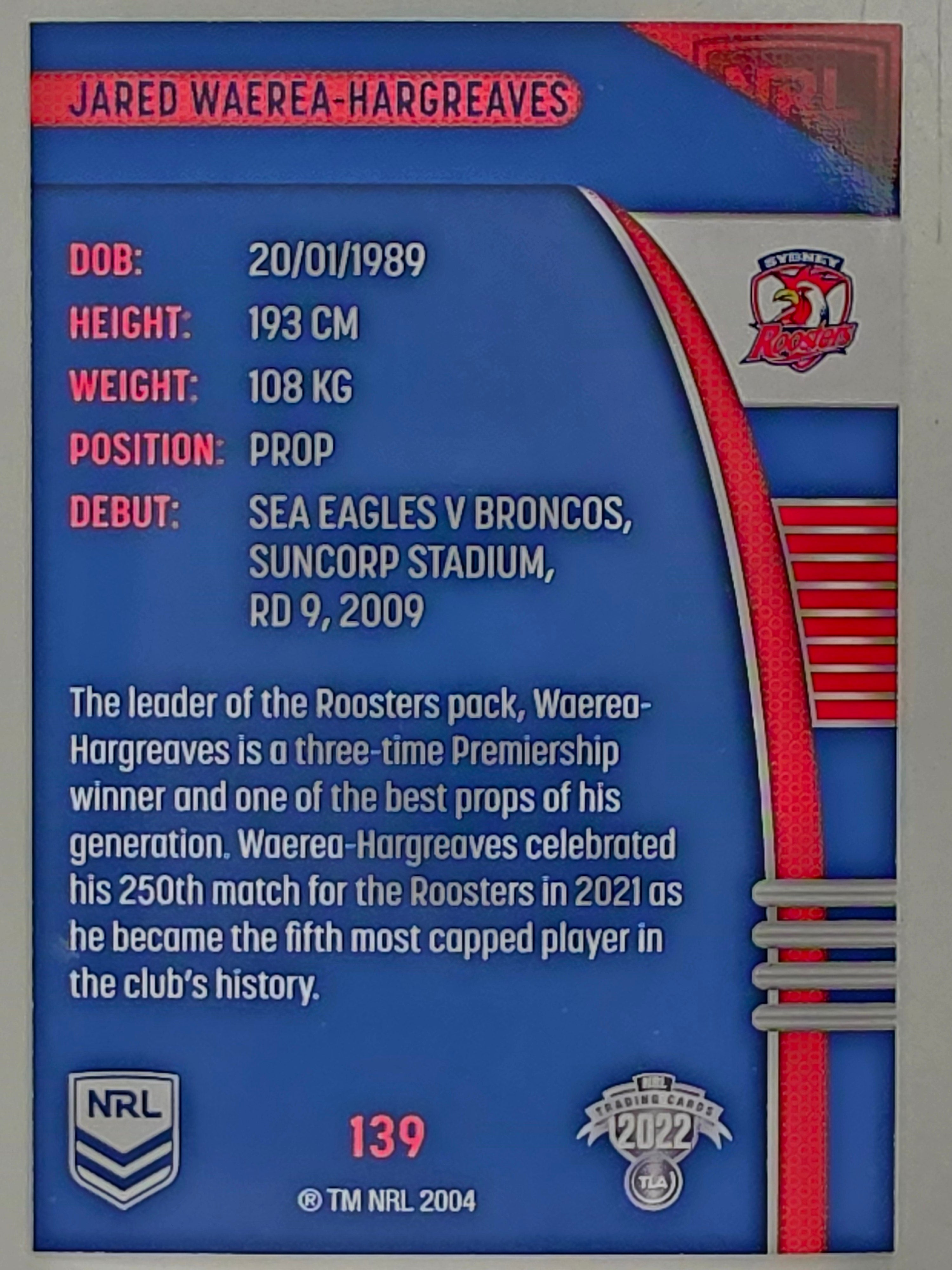 NRL 2022 Traders #139 Jared Waerea-Hargreaves Sydney Roosters