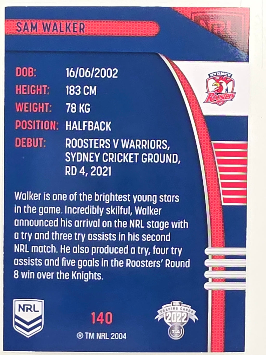 NRL 2022 Traders #140 Sam Walker Sydney Roosters