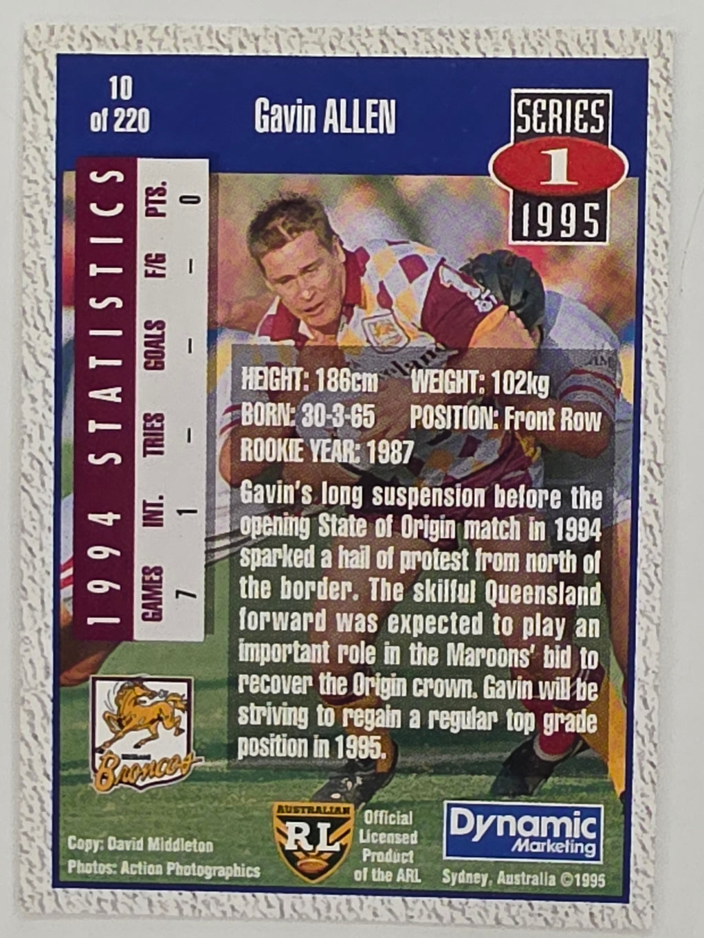 NRL 1995 Dynamic Series 1 Base Card #010 Gavin Allen Brisbane Broncos