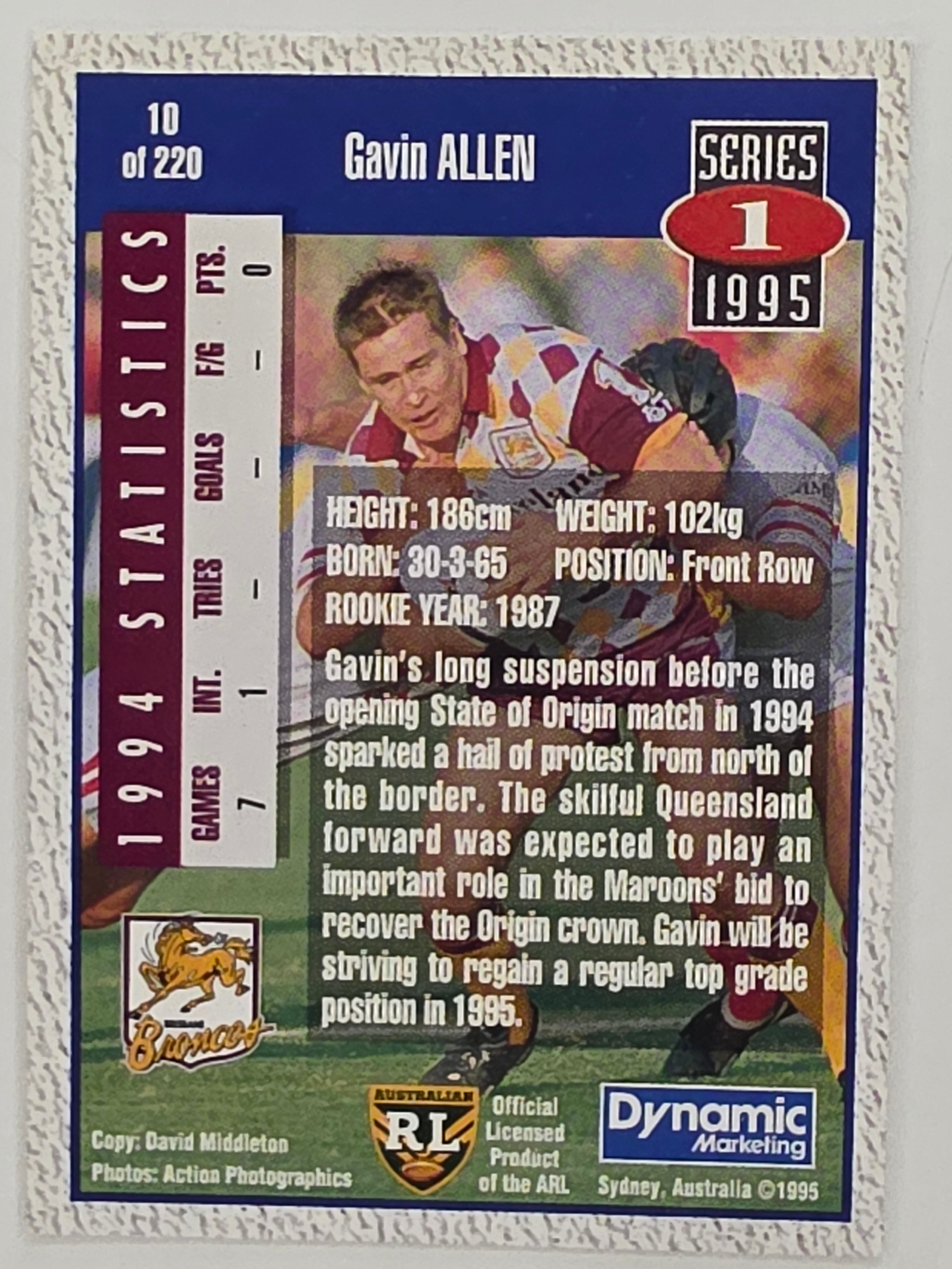 NRL 1995 Dynamic Series 1 Base Card #010 Gavin Allen Brisbane Broncos