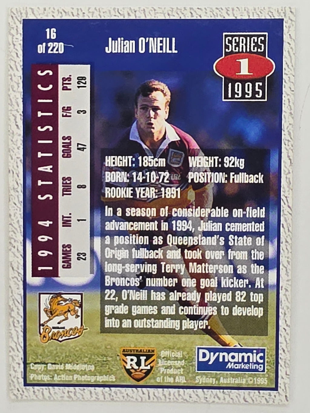 NRL 1995 Dynamic Series 1 Base Card #016 Julian O’Neill Brisbane Broncos