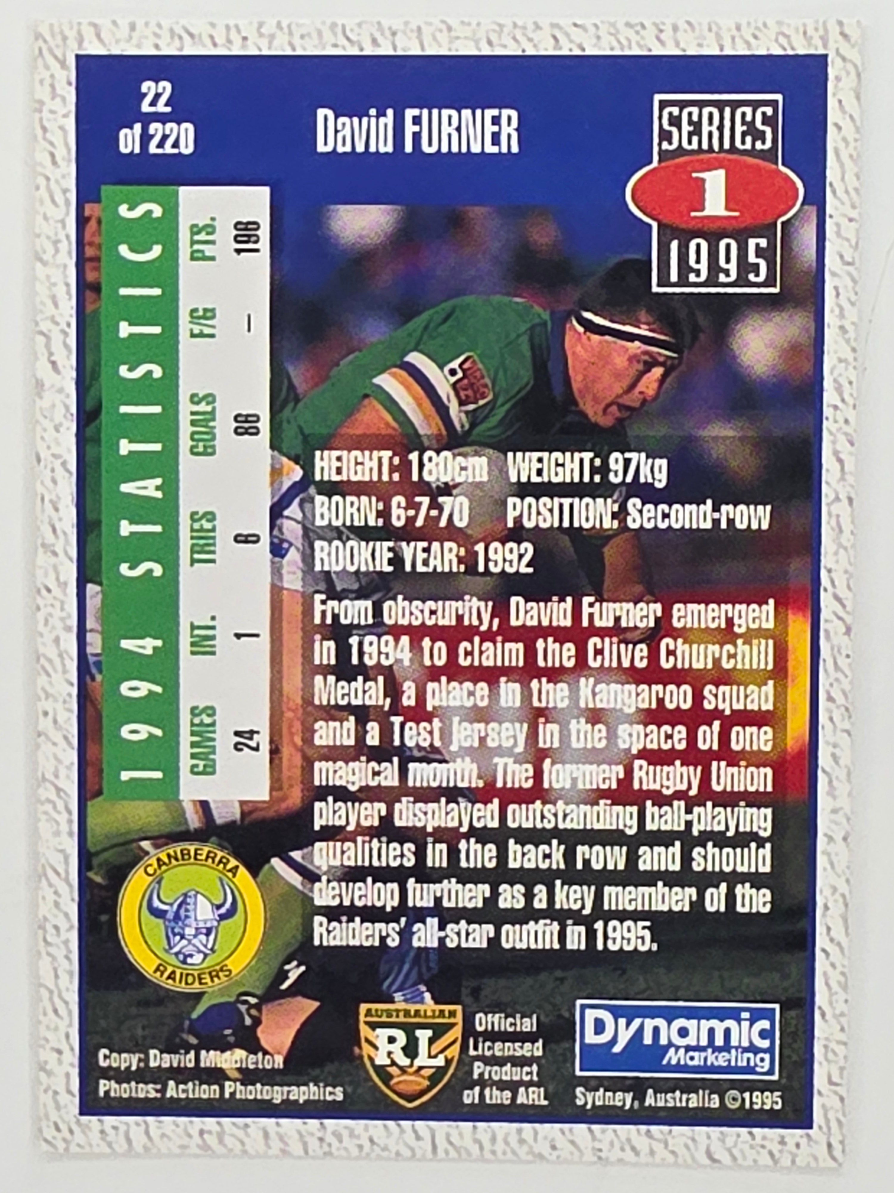 NRL 1995 Dynamic Series 1 Base Card #022 David Furner Canberra Raiders