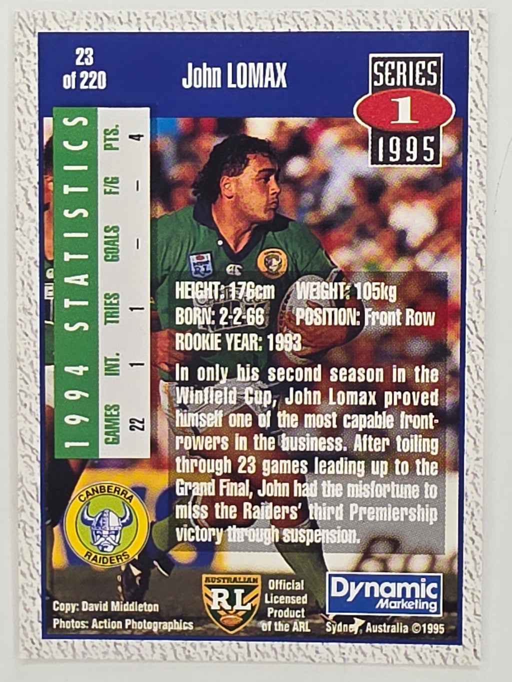 NRL 1995 Dynamic Series 1 Base Card #023 John Lomax Canberra Raiders