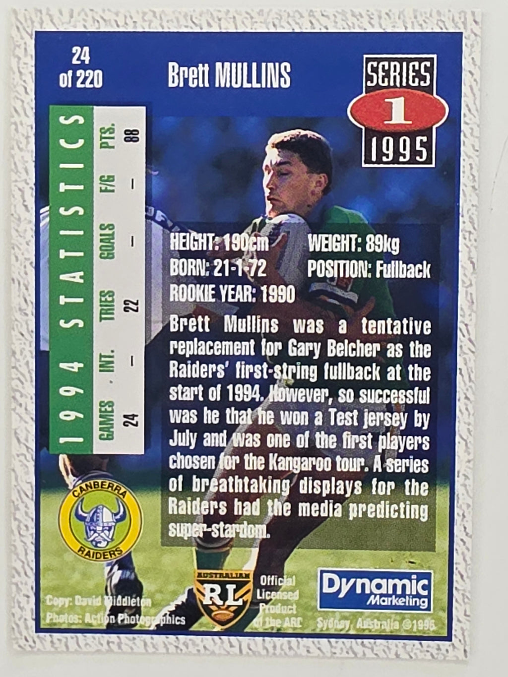 NRL 1995 Dynamic Series 1 Base Card #024 Brett Mullins Canberra Raiders