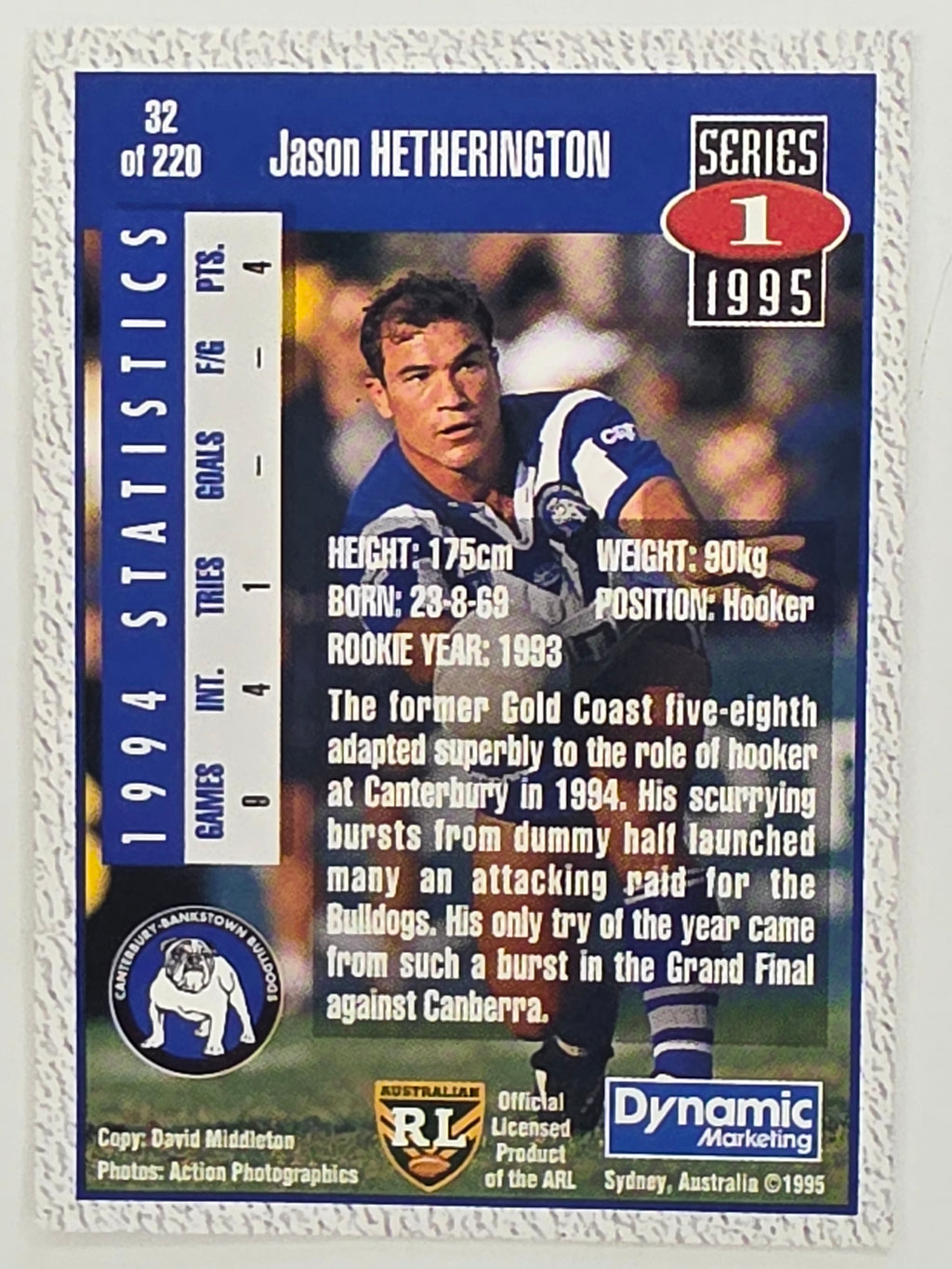 NRL 1995 Dynamic Series 1 Base Card #032 Jason Hetherington Canterbury Bankstown Bulldogs