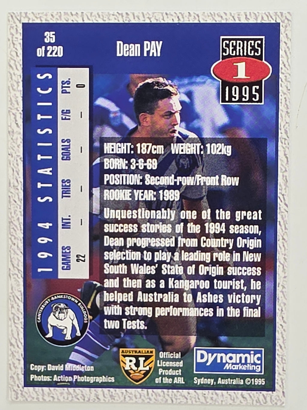 NRL 1995 Dynamic Series 1 Base Card #035 Dean Pay Canterbury Bankstown Bulldogs