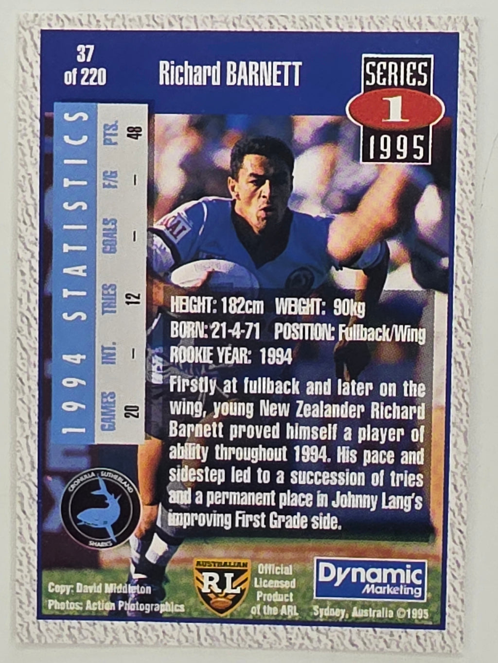 NRL 1995 Dynamic Series 1 Base Card #037 Richie Barnett Cronulla Sutherland Sharks