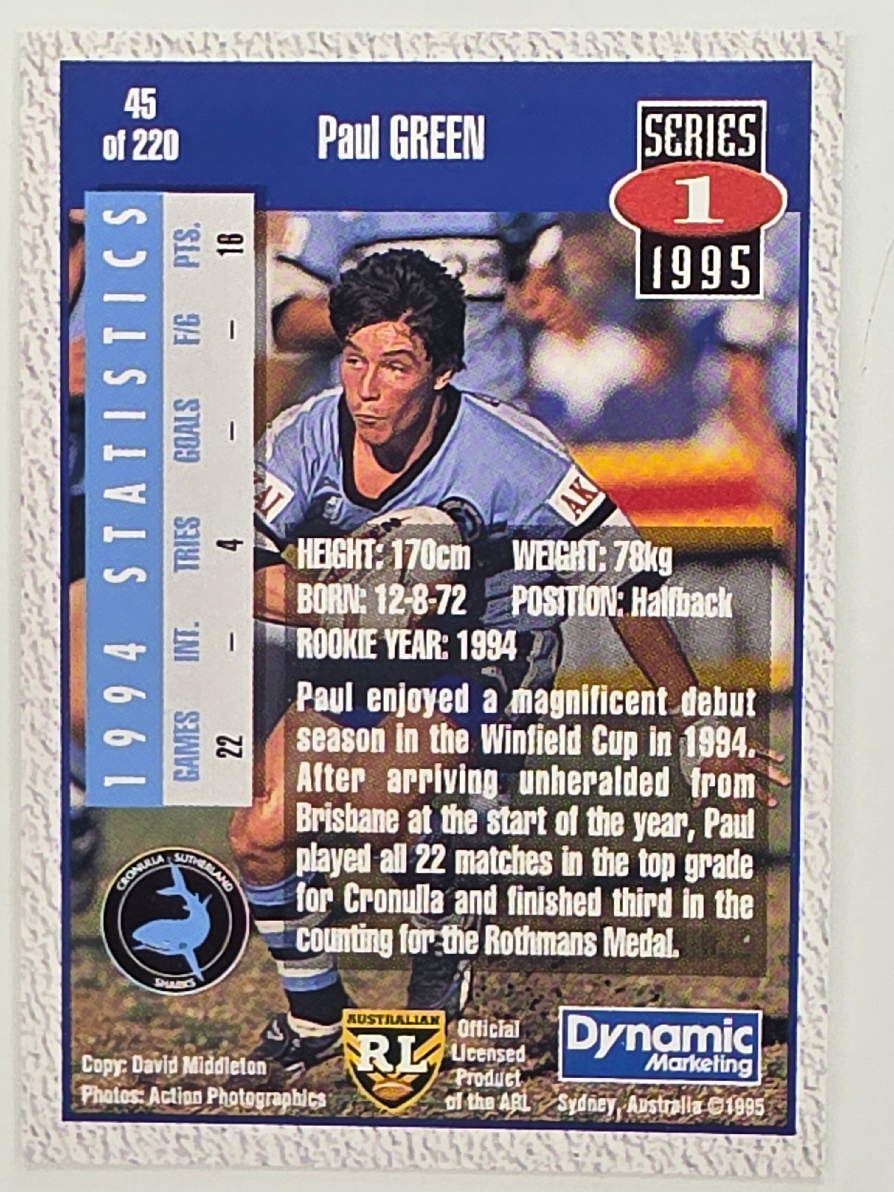 NRL 1995 Dynamic Series 1 Base Card #045 Paul Green Cronulla Sutherland Sharks