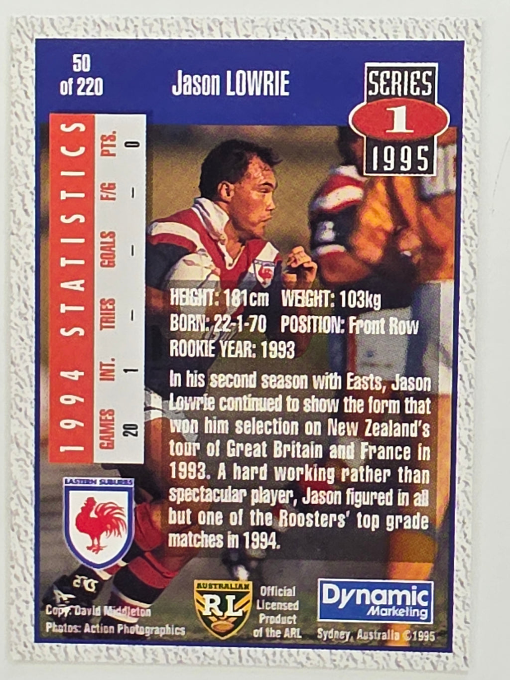 NRL 1995 Dynamic Series 1 Base Card #050 Jason Lowrie Eastern Suburbs Roosters