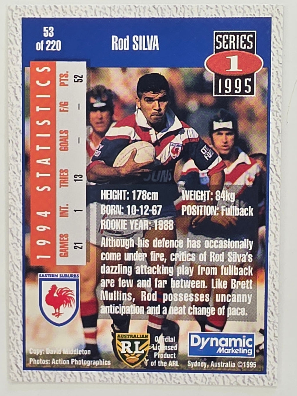 NRL 1995 Dynamic Series 1 Base Card #053 Rod Silva Eastern Suburbs Roosters