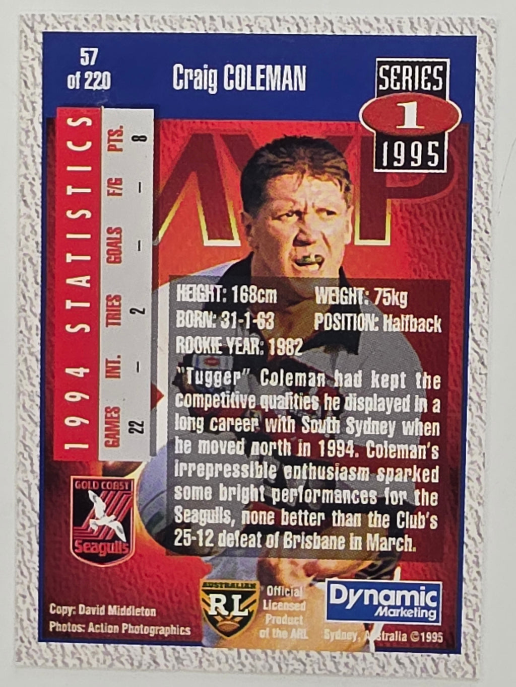 NRL 1995 Dynamic Series 1 Base Card #057 Craig Coleman Gold Coast Seagulls