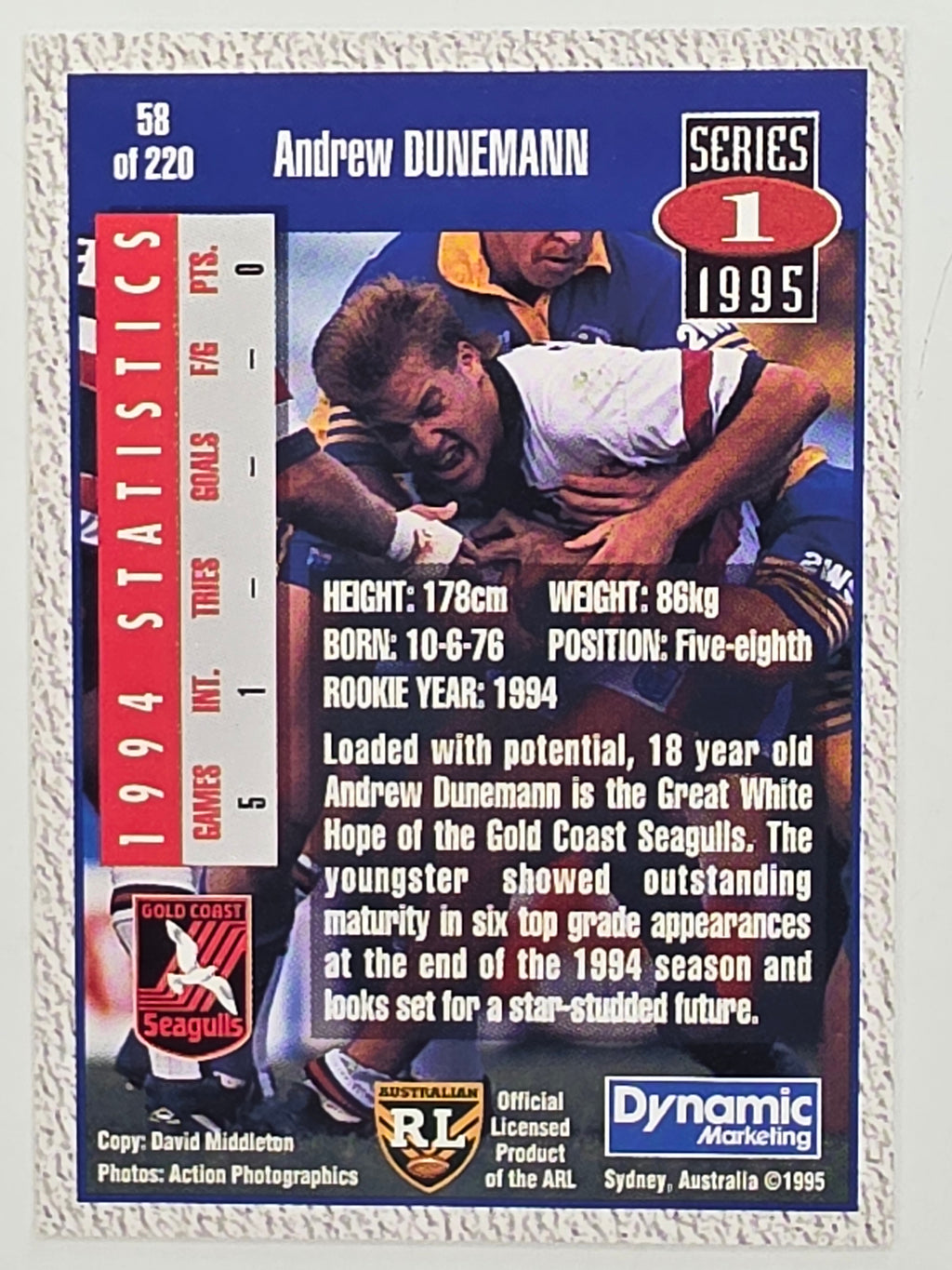 NRL 1995 Dynamic Series 1 Base Card #058 Andrew Dunemann Gold Coast Seagulls