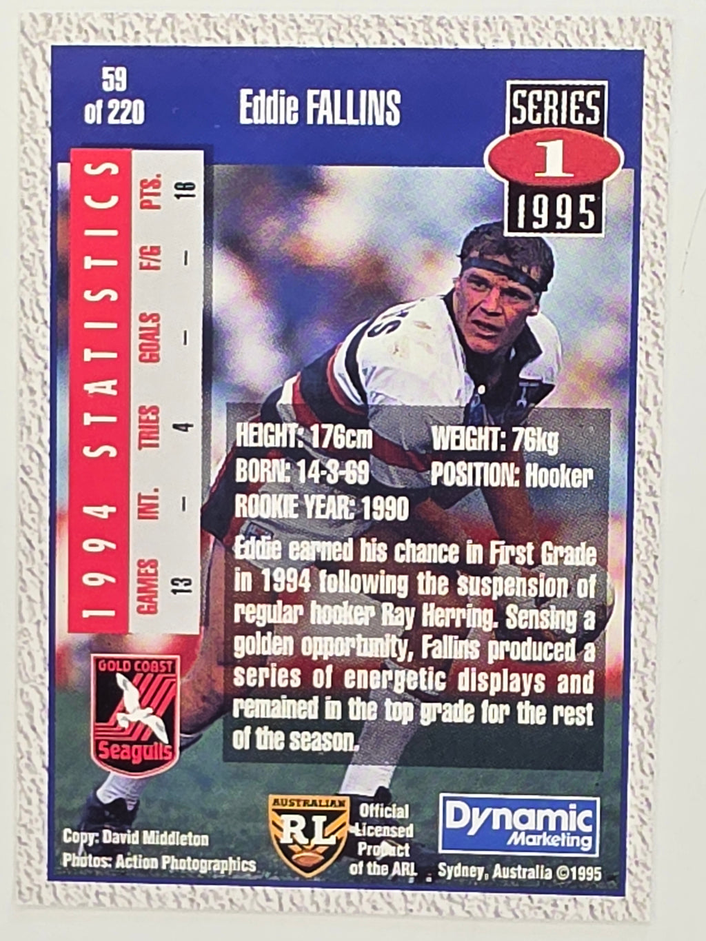 NRL 1995 Dynamic Series 1 Base Card #059 Eddie Fallins Gold Coast Seagulls