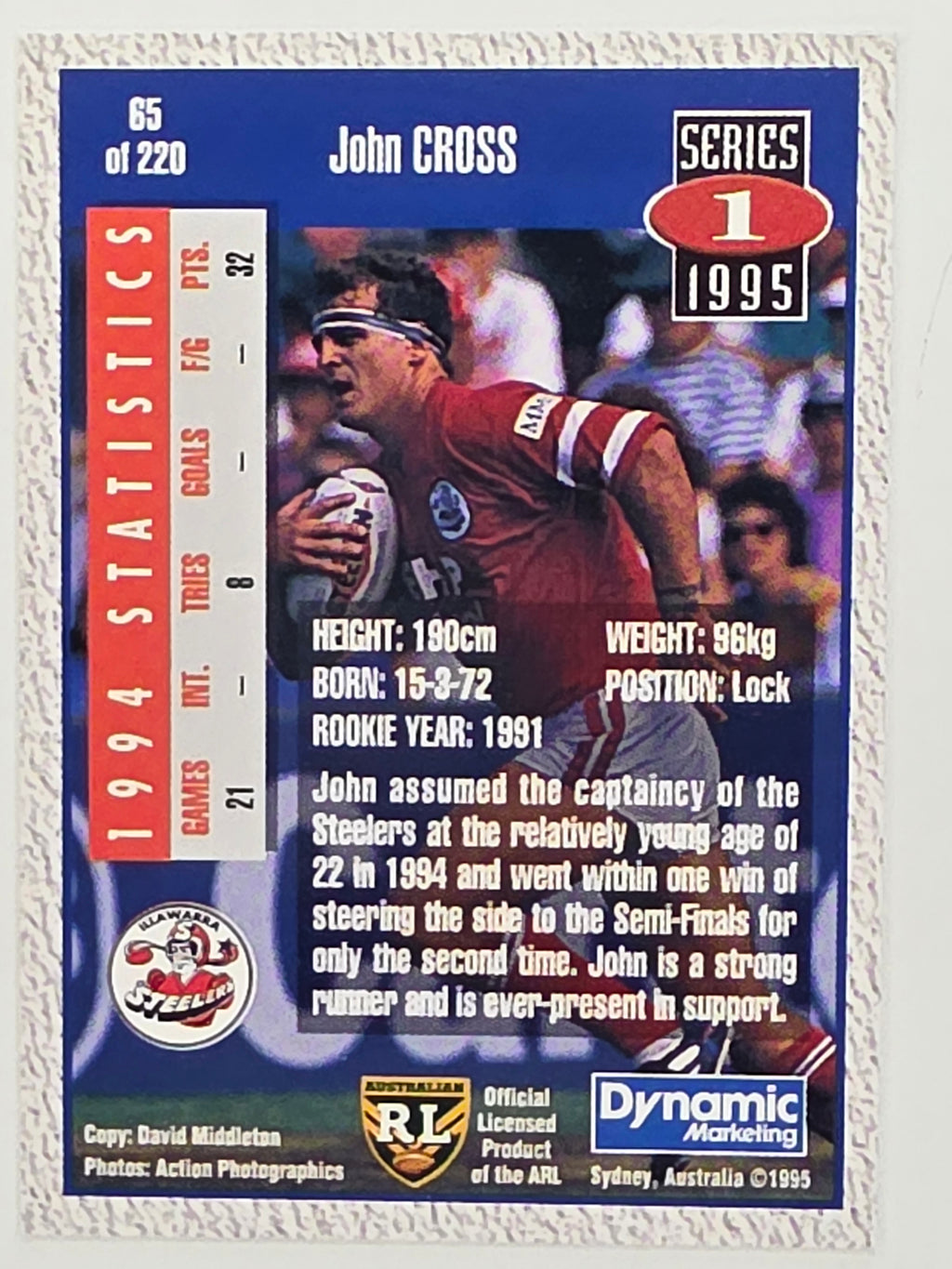 NRL 1995 Dynamic Series 1 Base Card #065 John Cross Illawarra Steelers