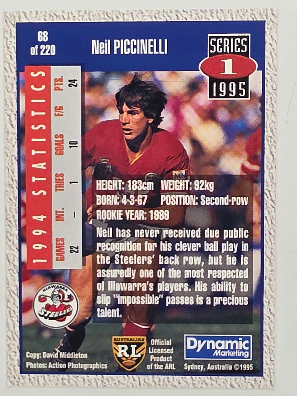NRL 1995 Dynamic Series 1 Base Card #068 Neil Piccinelli Illawarra Steelers
