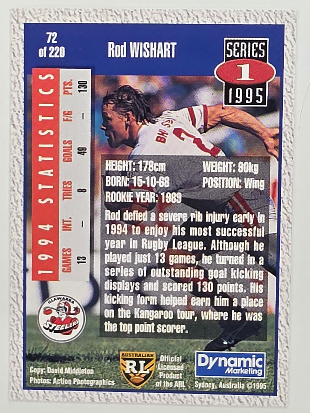 NRL 1995 Dynamic Series 1 Base Card #072 Rod Wishart Illawarra Steelers