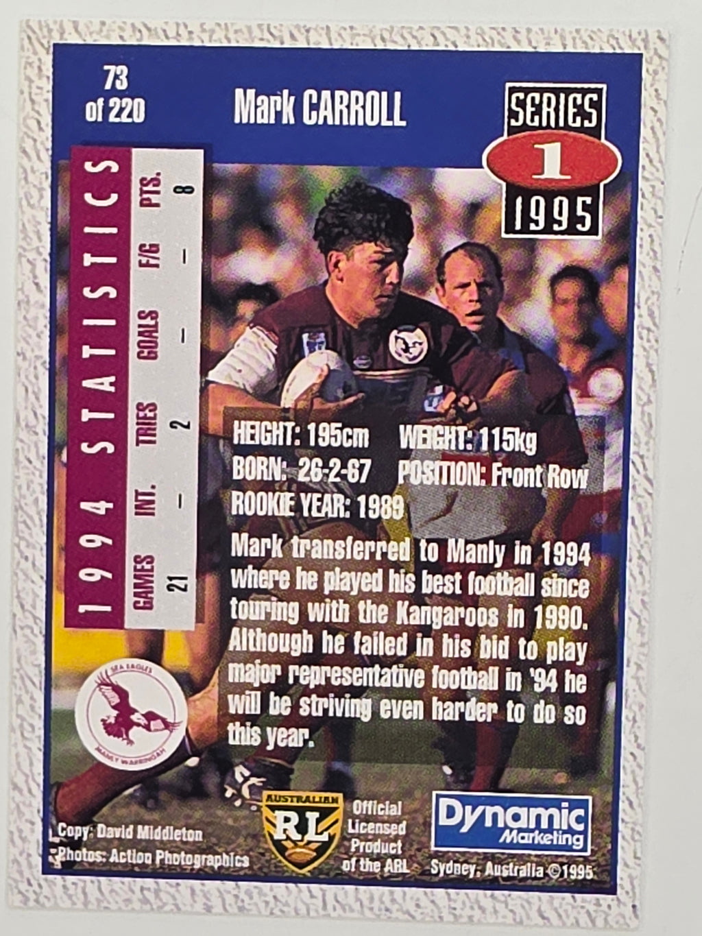 NRL 1995 Dynamic Series 1 Base Card #073 Mark Carroll Manly Warringah Sea Eagles