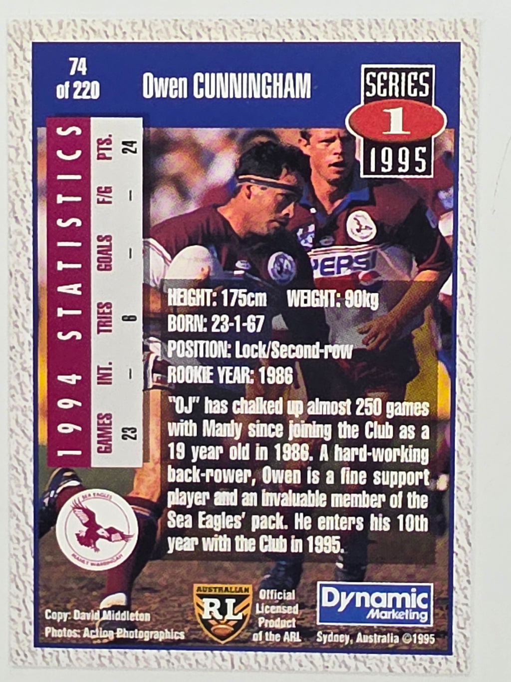 NRL 1995 Dynamic Series 1 Base Card #074 Owen Cunningham Manly Warringah Sea Eagles