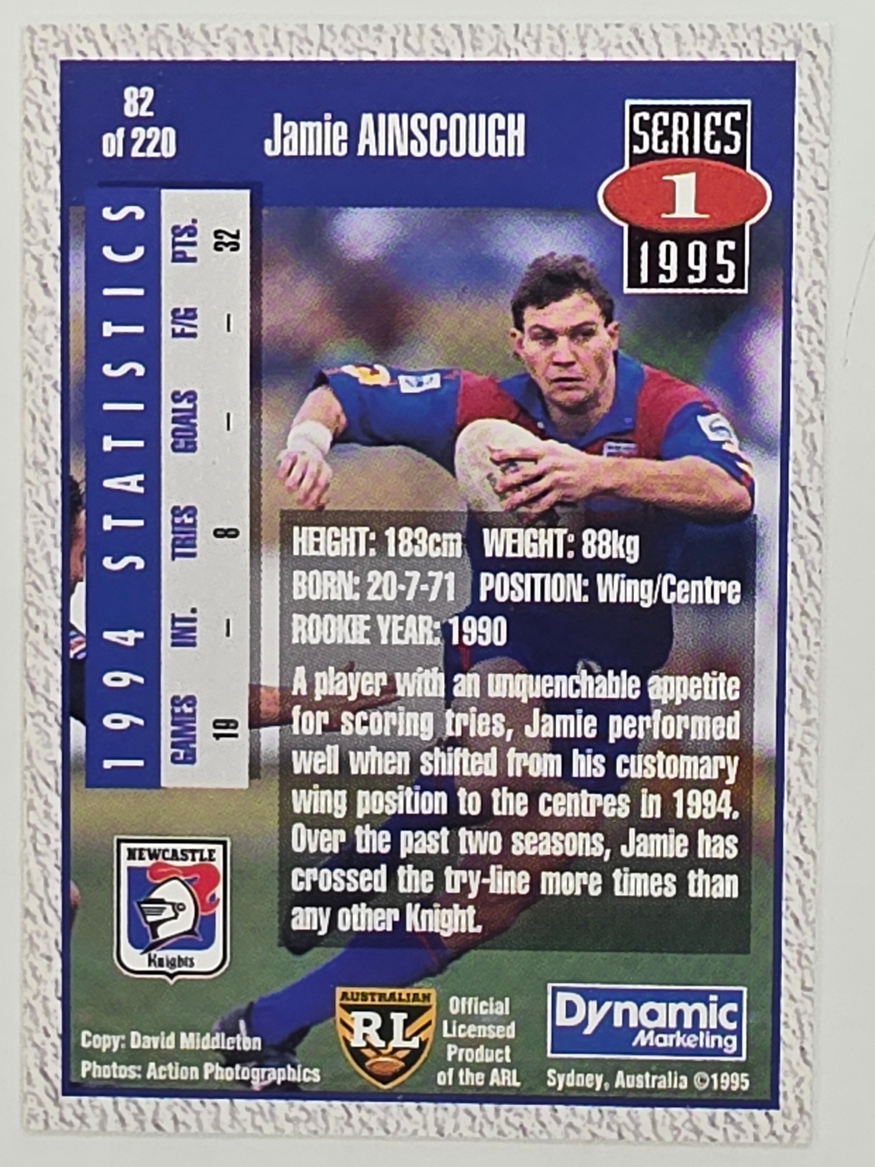 NRL 1995 Dynamic Series 1 Base Card #082 Jamie Ainscough Newcastle Knights
