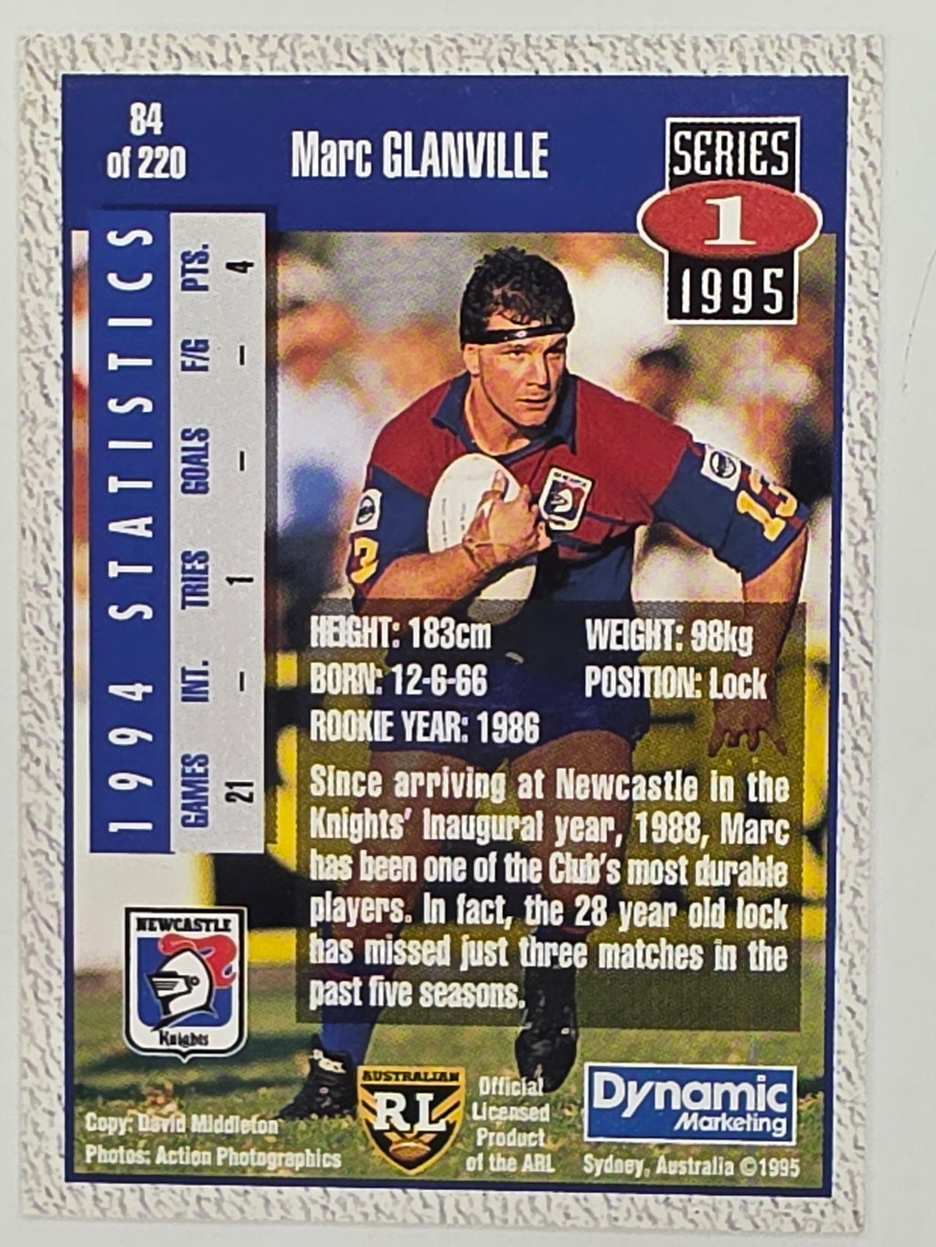 NRL 1995 Dynamic Series 1 Base Card #084 Marc Glanville Newcastle Knights