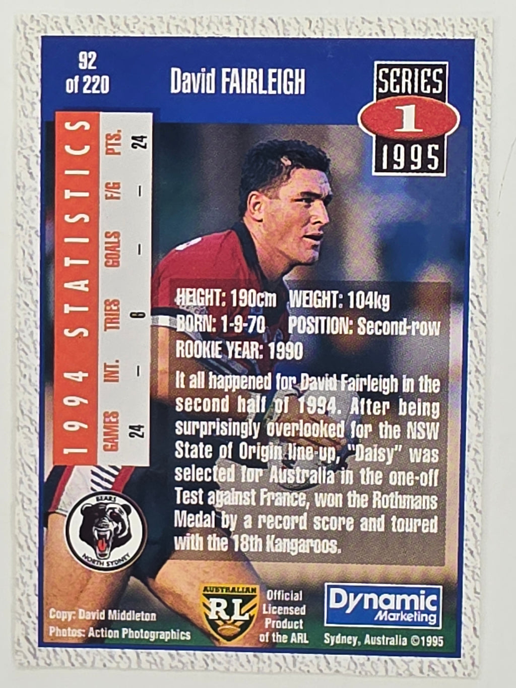 NRL 1995 Dynamic Series 1 Base Card #092 David Fairleigh North Sydney Bears