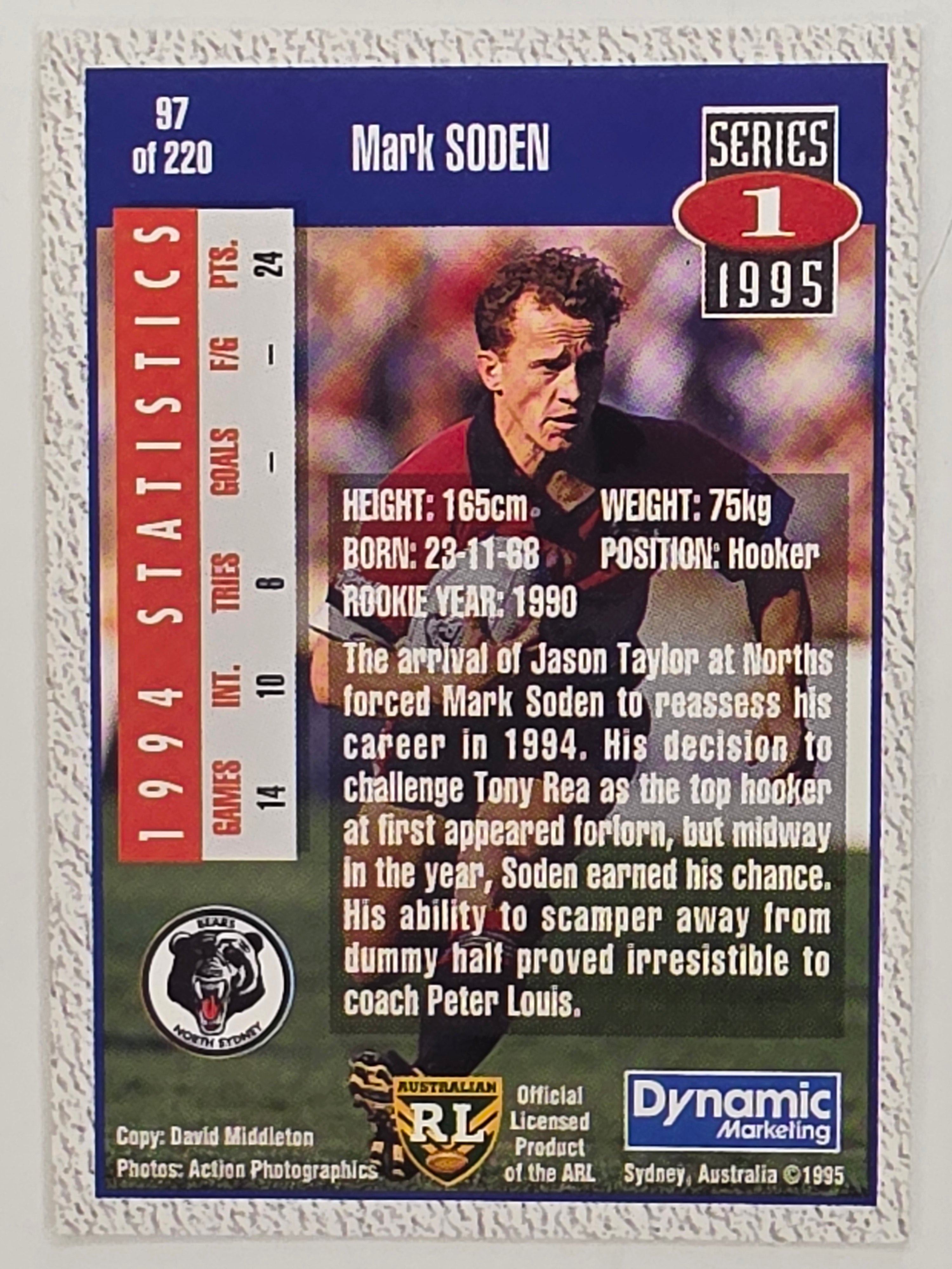 NRL 1995 Dynamic Series 1 Base Card #097 Mark Soden North Sydney Bears