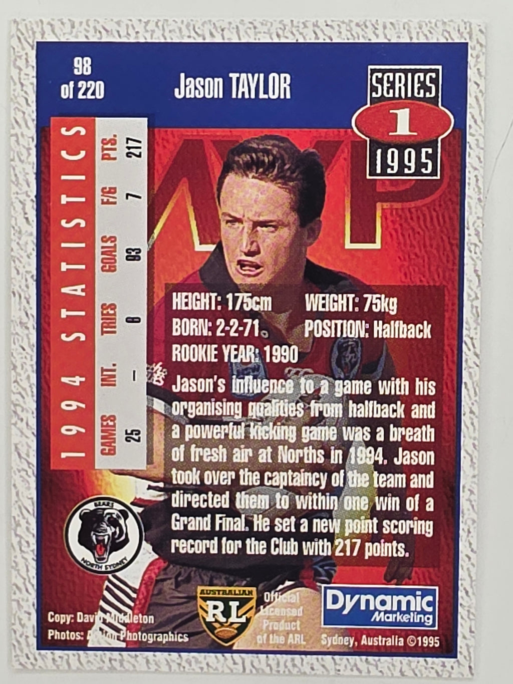 NRL 1995 Dynamic Series 1 Base Card #098 Jason Taylor North Sydney Bears