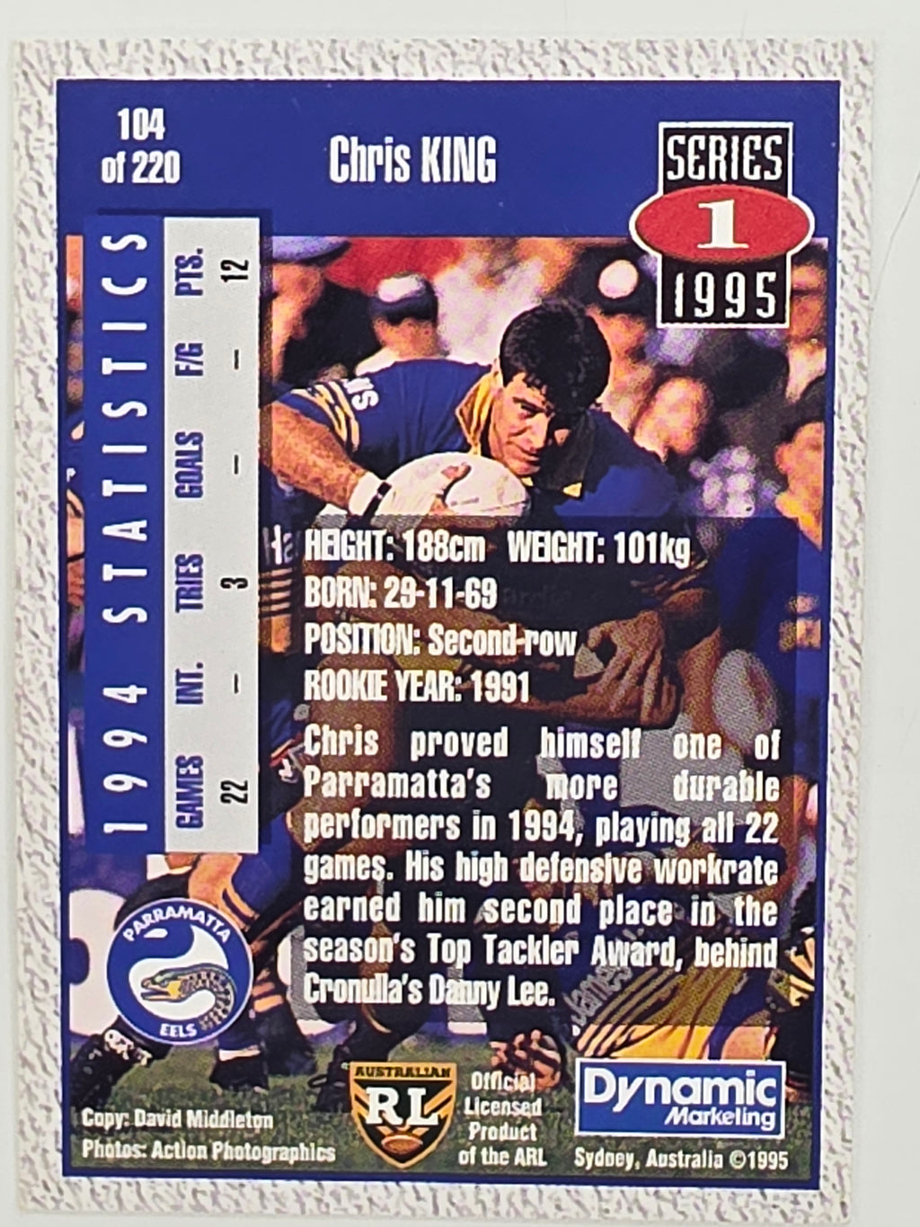 NRL 1995 Dynamic Series 1 Base Card #104 Chris King Parramatta Eels