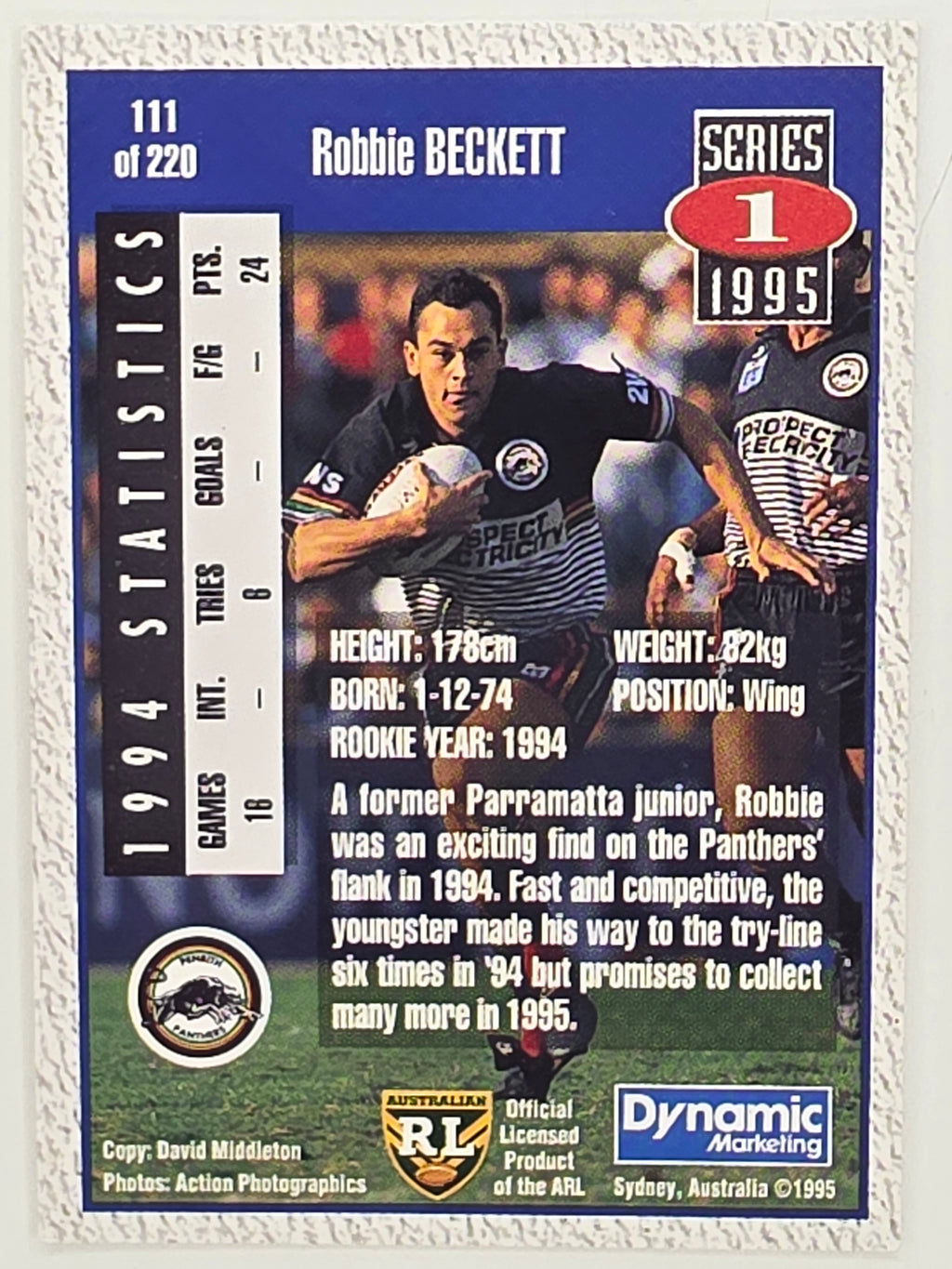 NRL 1995 Dynamic Series 1 Base Card #111 Robbie Beckett Penrith Panthers