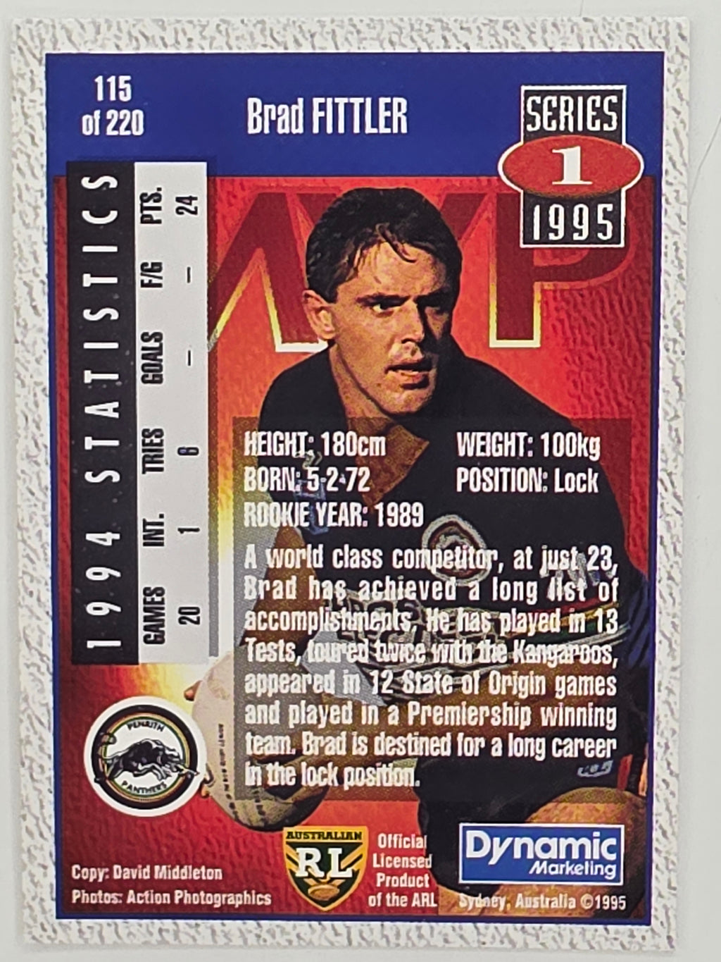 NRL 1995 Dynamic Series 1 Base Card #115 Brad Fittler Penrith Panthers