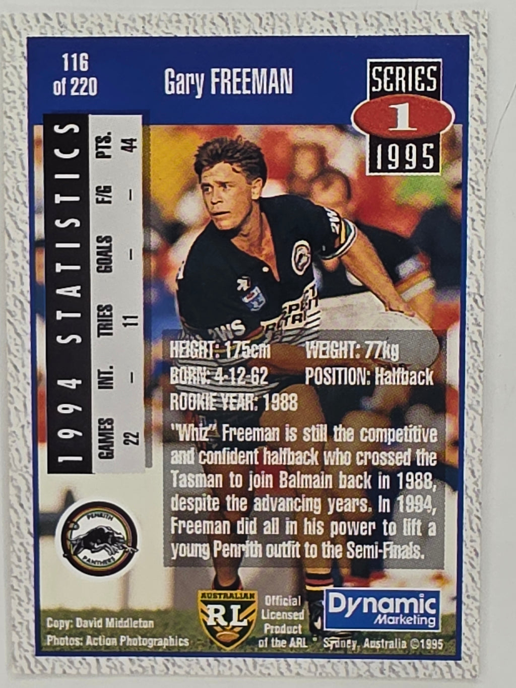 NRL 1995 Dynamic Series 1 Base Card #116 Gary Freeman Penrith Panthers