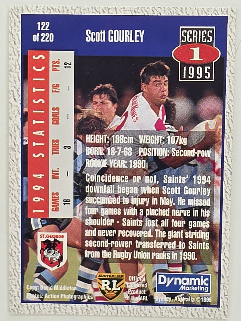 NRL 1995 Dynamic Series 1 Base Card #122 Scott Gourley St George Dragons