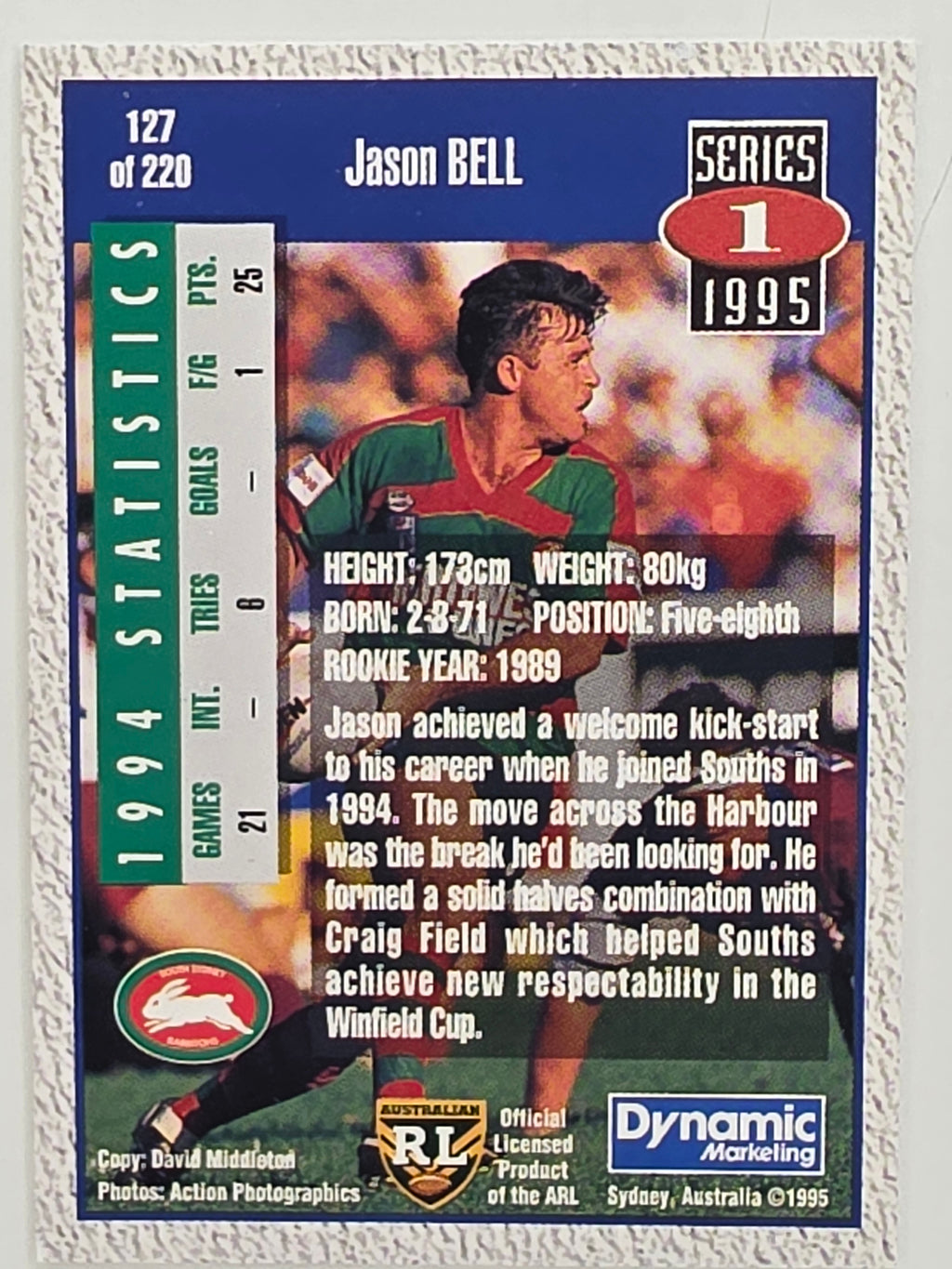 NRL 1995 Dynamic Series 1 Base Card #127 Jason Bell South Sydney Rabbitohs
