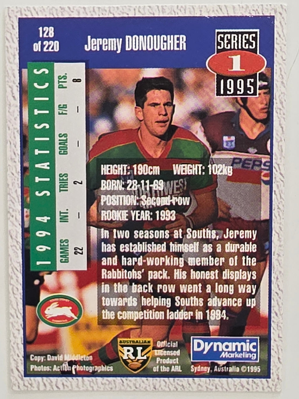 NRL 1995 Dynamic Series 1 Base Card #128 Jeremy Donougher South Sydney Rabbitohs