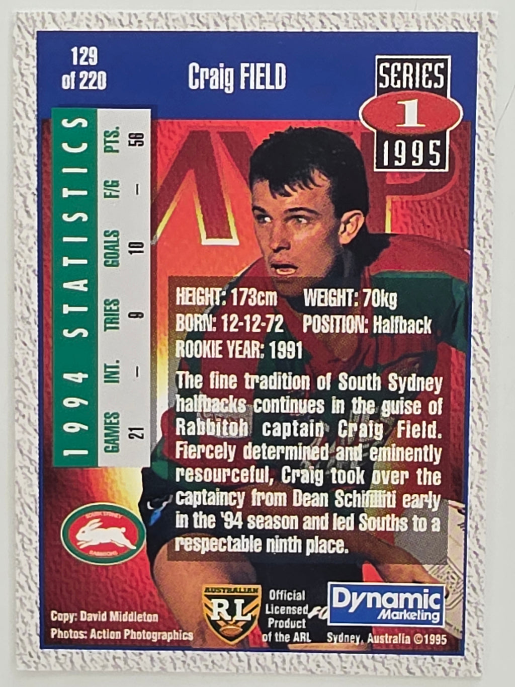 NRL 1995 Dynamic Series 1 Base Card #129 Craig Field South Sydney Rabbitohs