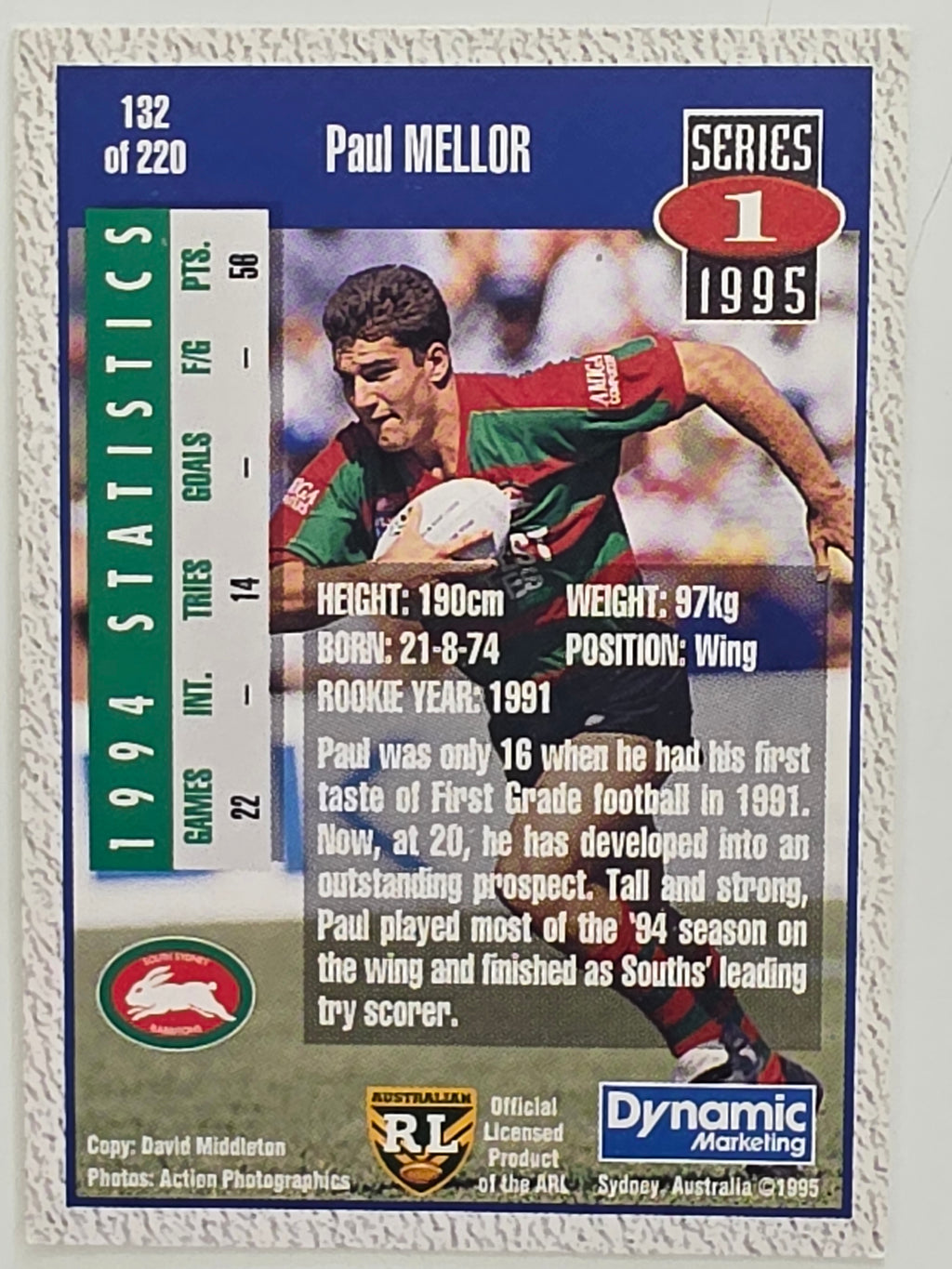 NRL 1995 Dynamic Series 1 Base Card #132 Paul Mellor South Sydney Rabbitohs