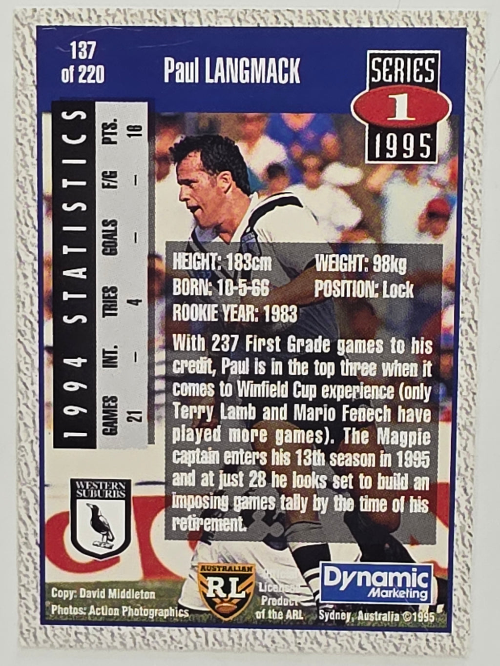 NRL 1995 Dynamic Series 1 Base Card #137 Paul Langmack Western Suburbs Magpies