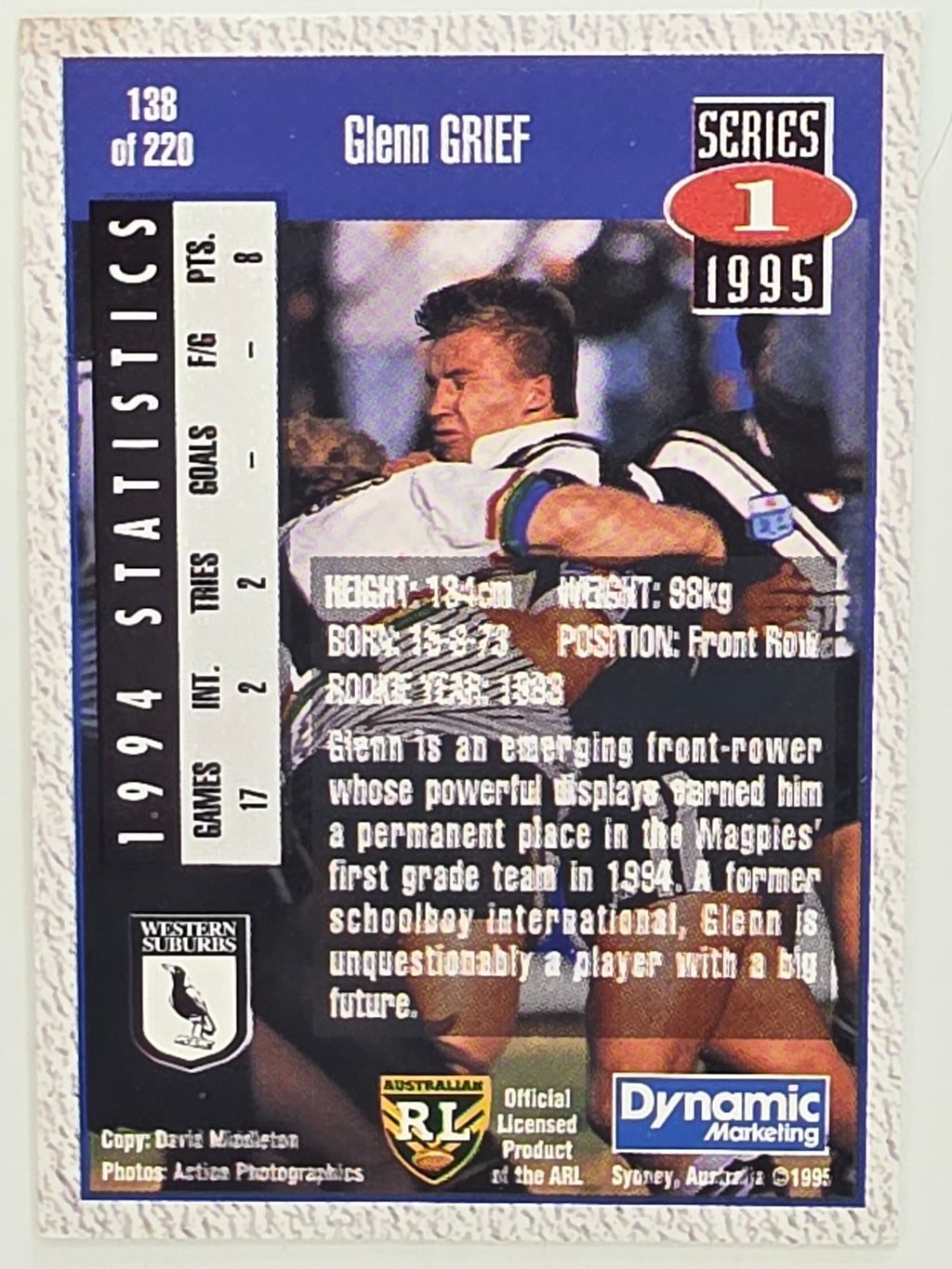 NRL 1995 Dynamic Series 1 Base Card #138 Glenn Grief Western Suburbs Magpies