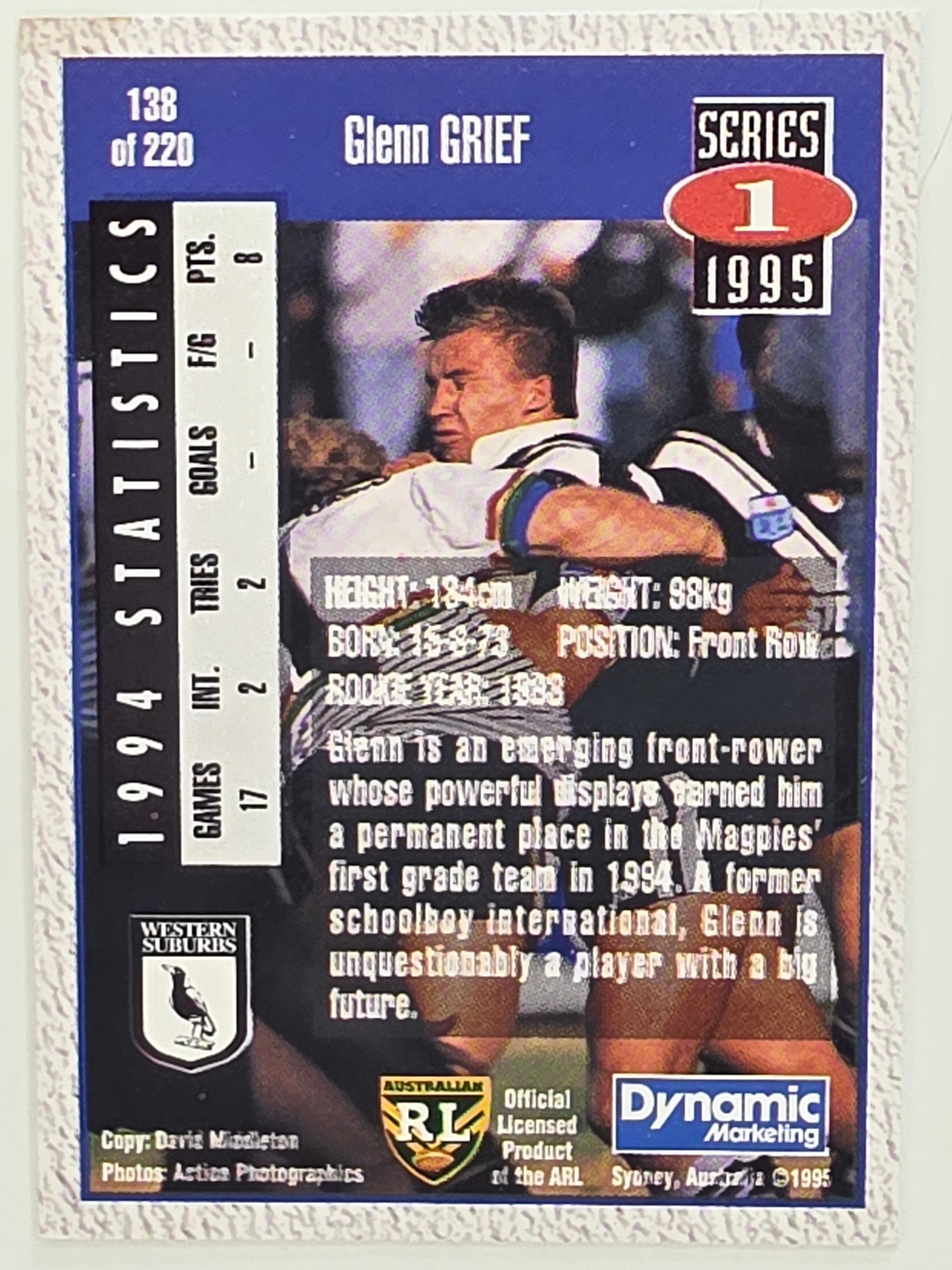 NRL 1995 Dynamic Series 1 Base Card #138 Glenn Grief Western Suburbs Magpies