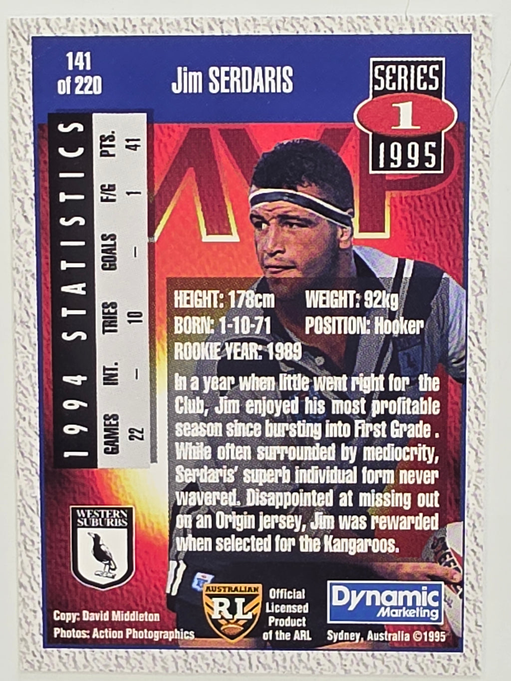 NRL 1995 Dynamic Series 1 Base Card #141 Jim Sedaris Western Suburbs Magpies
