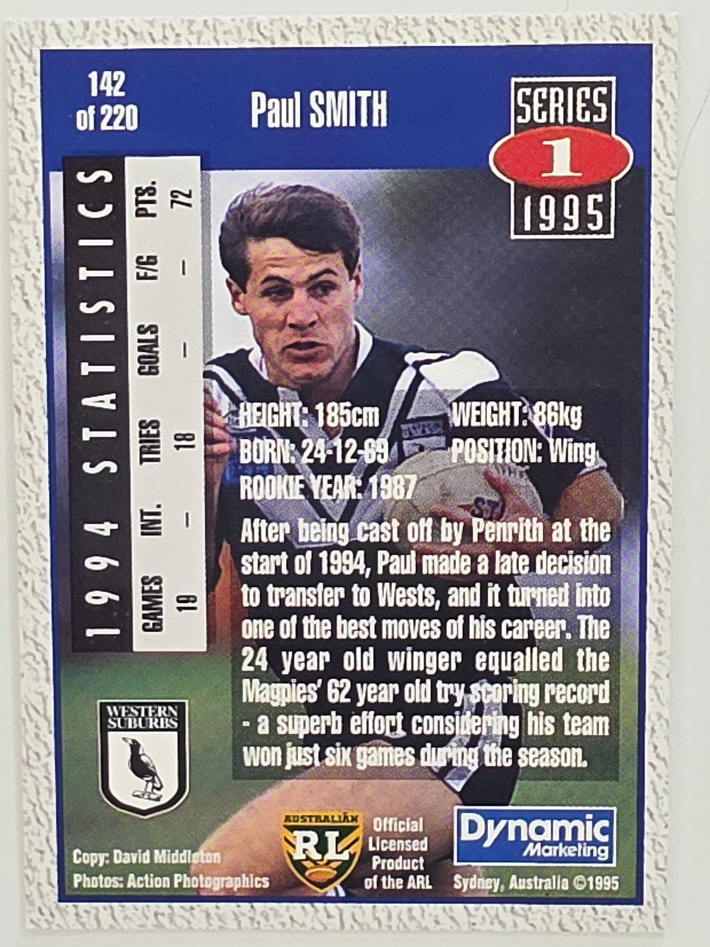 NRL 1995 Dynamic Series 1 Base Card #142 Paul Smith Western Suburbs Magpies