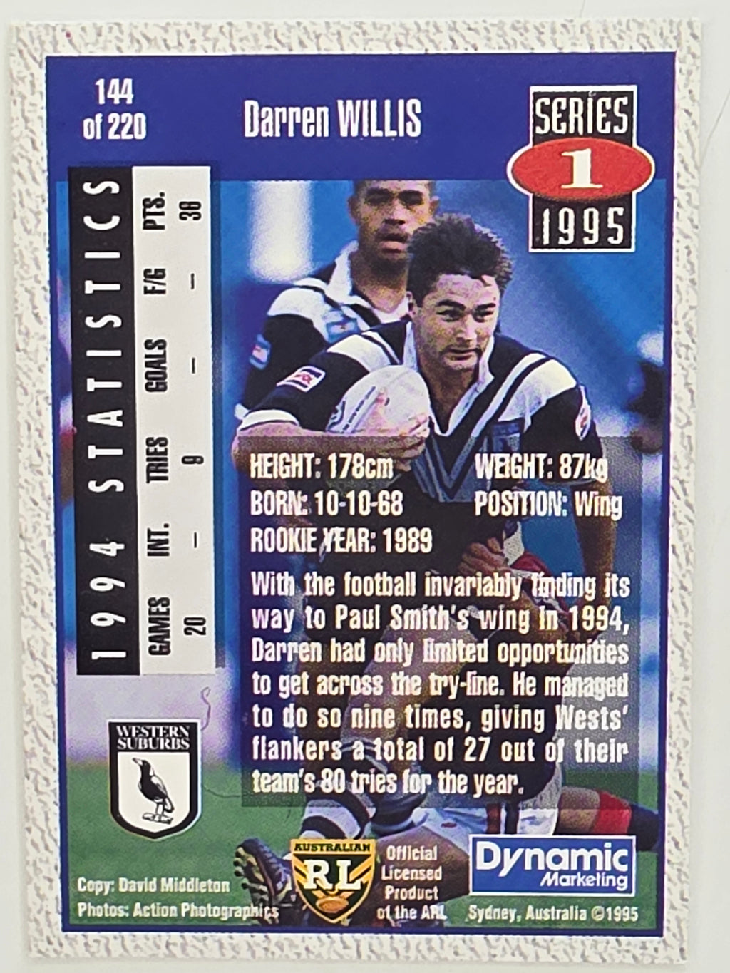 NRL 1995 Dynamic Series 1 Base Card #144 Darren Willis Western Suburbs Magpies