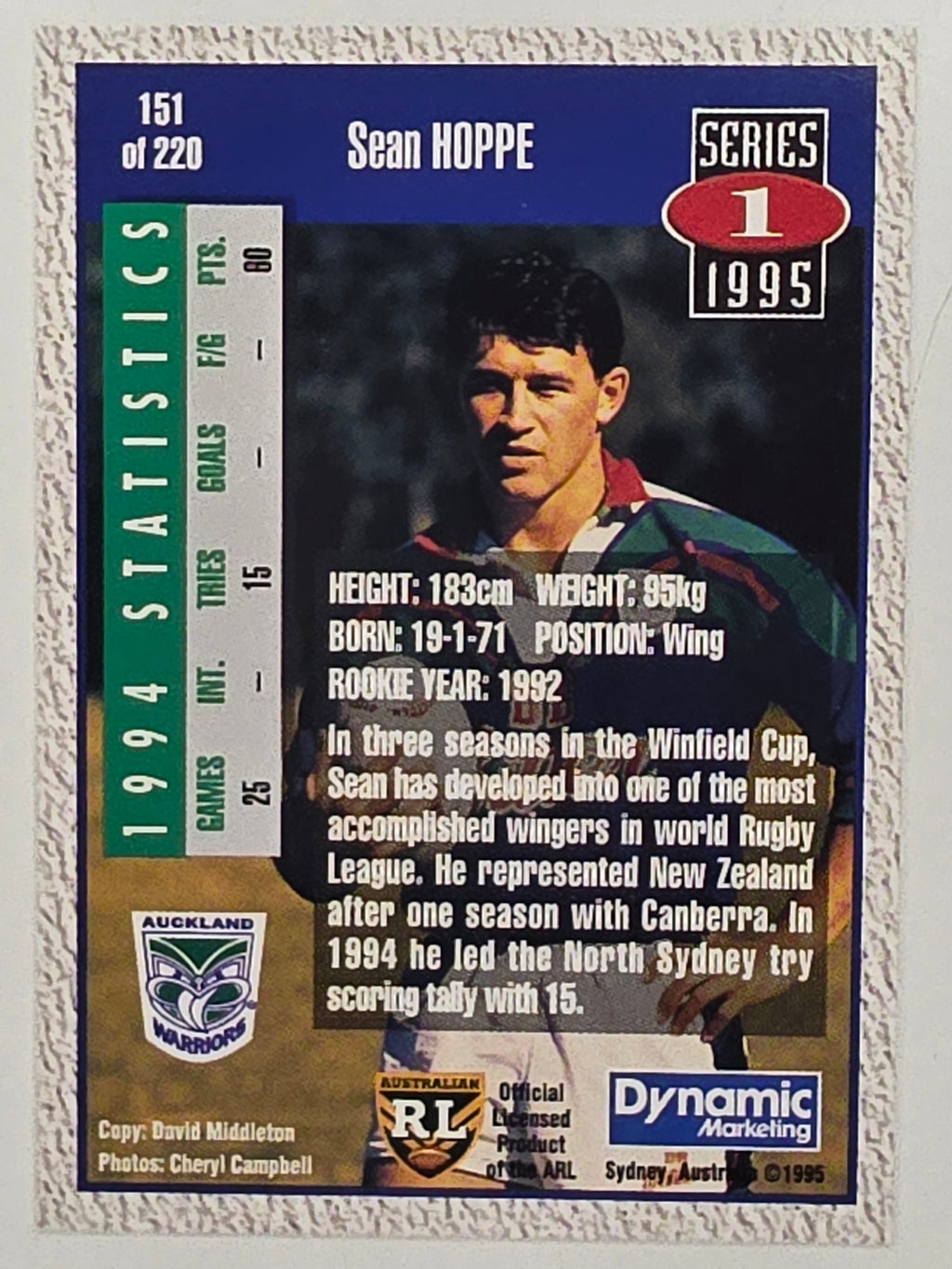 NRL 1995 Dynamic Series 1 Base Card #151 Sean Hoppe Auckland Warriors