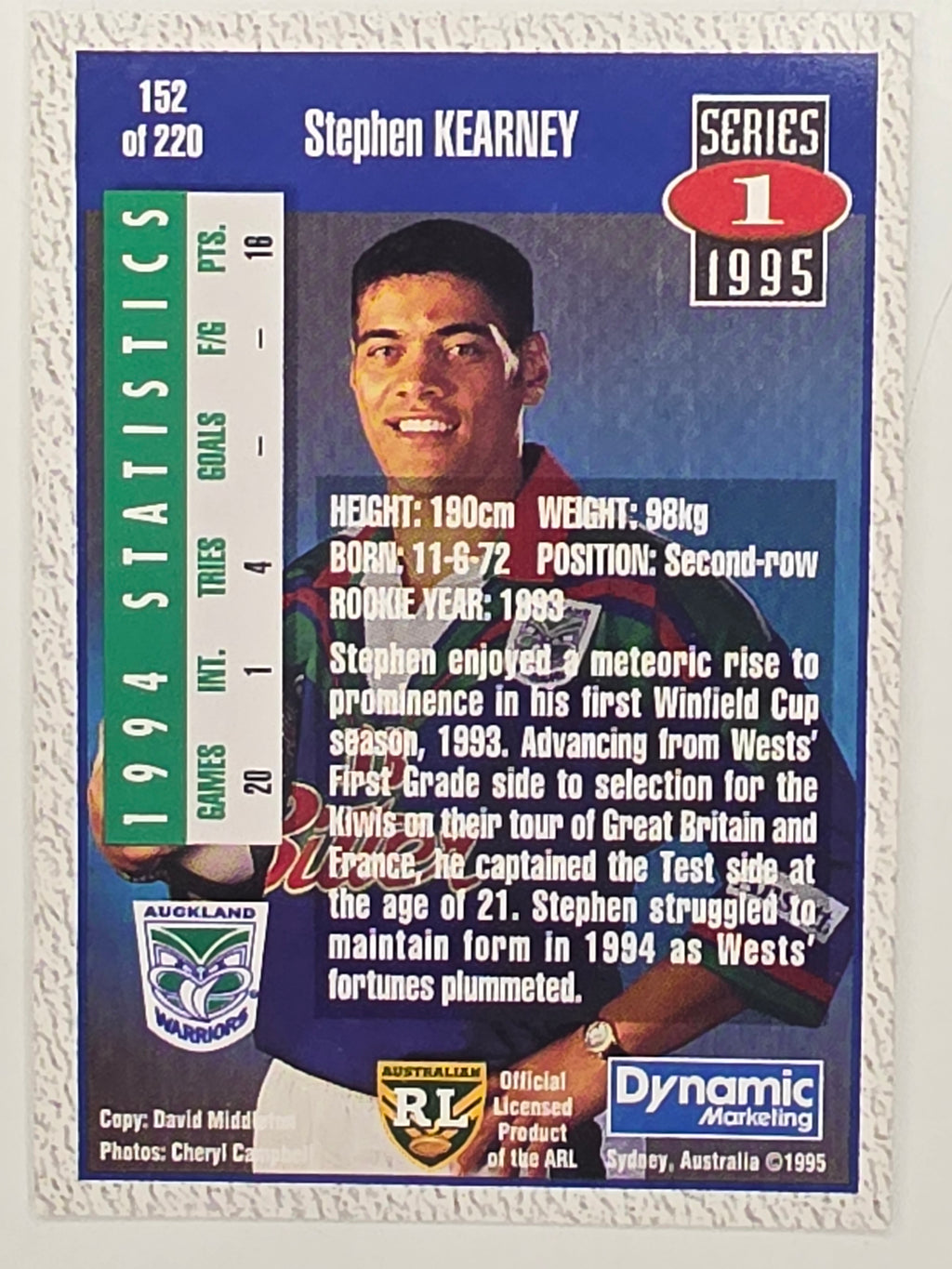 NRL 1995 Dynamic Series 1 Base Card #152 Steve Kearney Auckland Warriors