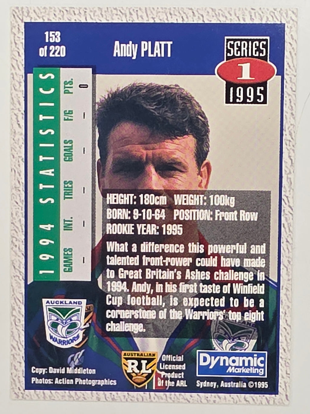 NRL 1995 Dynamic Series 1 Base Card #153 Andy Platt Auckland Warriors